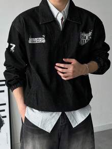 DAZY Men's Letter Print Washed Fabric Half-Zip Collared Pullover Sweatshirt, Autumn