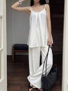 DAZY 女士夏季度假风格吊带背心和裤子两件套 - 白色 - 查看 4