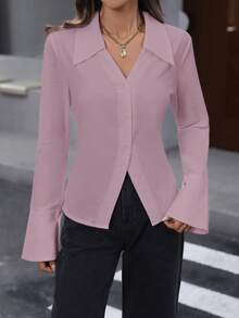 SHEIN LUNE 藕紫色秋季優雅女款辦公室冬季白襯衫 100%純棉商務休閒上衣女裝工作服 - 粉色 - 查看 5