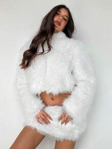 Sweetina 女式白色蓬松纯色长袖连帽毛茸茸夹克和蓬松迷你裙时尚套装，秋冬 - 白色 - 查看 6