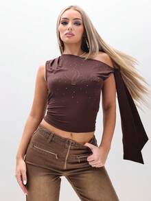 BABYPHAT Tie Detail One Shoulder Top With Rhinestone Embellishment Off Shoulder Blouse For Women - Chocolate Brown - View 5