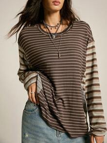 SoleilVie Women's Loose Fit Drop Shoulder Striped T-Shirt - Brown - View 6