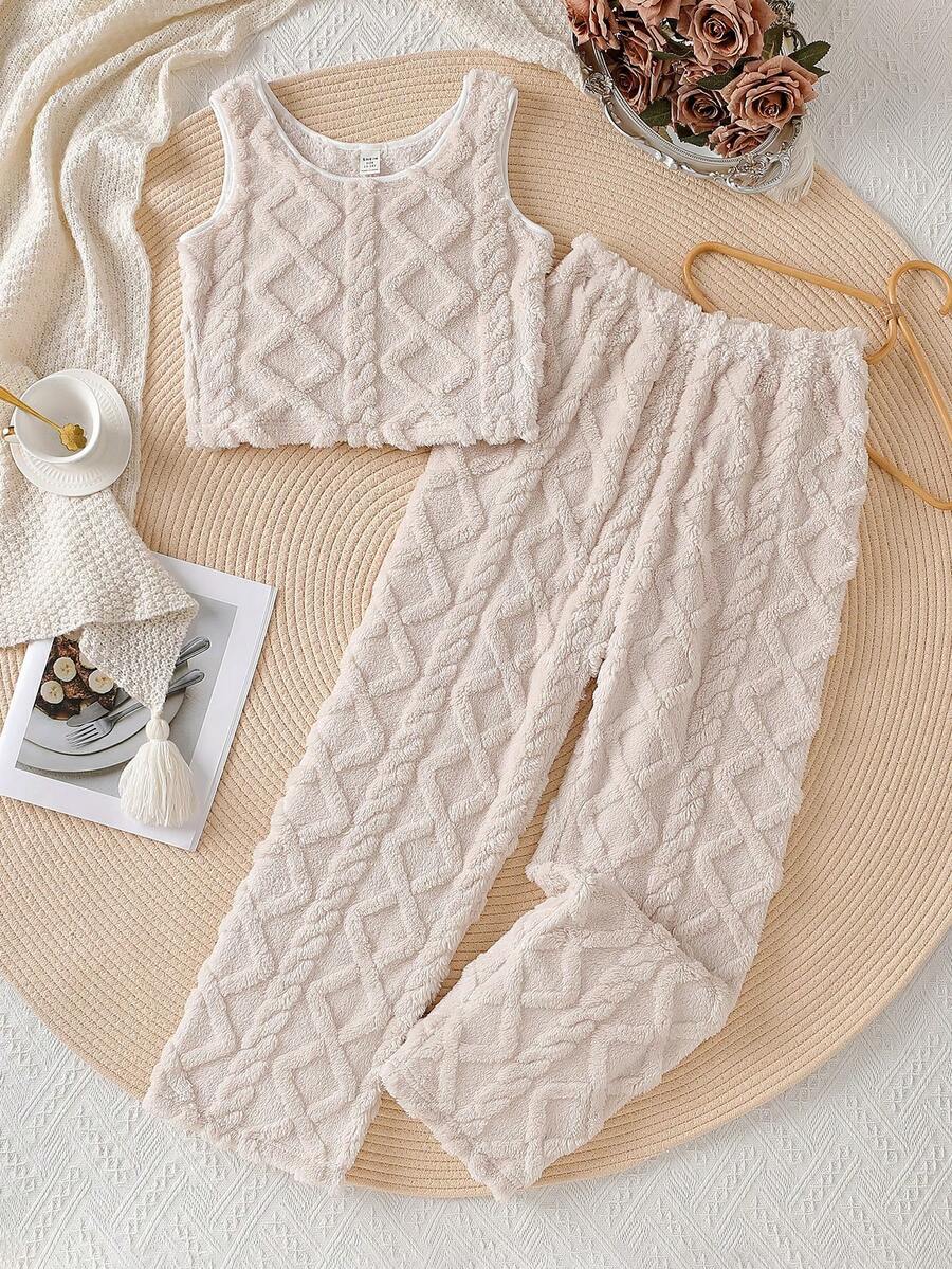2pcs Teen GirlComfortable Casual Soft Jacquard Diamond Pattern Camisole And Pants Pajama Set
