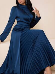 Veilorie Elegancka, plisowana sukienka damska w jednolitym kolorze w stylu arabskim z patchworkowym wzorem - Granatowy - Zobacz 1