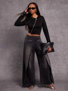 NYA SZN Women's High Rise Double Leg Jeans,Black,Summer,Streetwear,Night Out Casual Vintage 90s Y1K Ibiza Cool Girl Gyaru Dark Wash Denim Statement Festival - Black - View 1