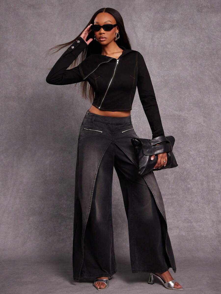 NYA SZN Women's High Rise Double Leg Jeans,Black,Summer,Streetwear,Night Out Casual Vintage 90s Y1K Ibiza Cool Girl Gyaru Dark Wash Denim Statement Festival - Black - View 1