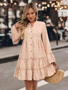 EMERY ROSE Women's Casual Vacation Foil Flare Sleeve Button Front Mid-Length Dress - Khaki - View 6