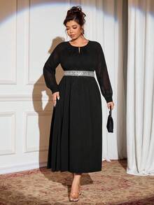 Cravure Plus Size Women Elegant Black Autumn Formal Dinner Evening Chiffon Teardrop Neck Tie Lantern Sleeve Lace Embroidery Sequin Waist Decor Maxi Dress - Black - View 4