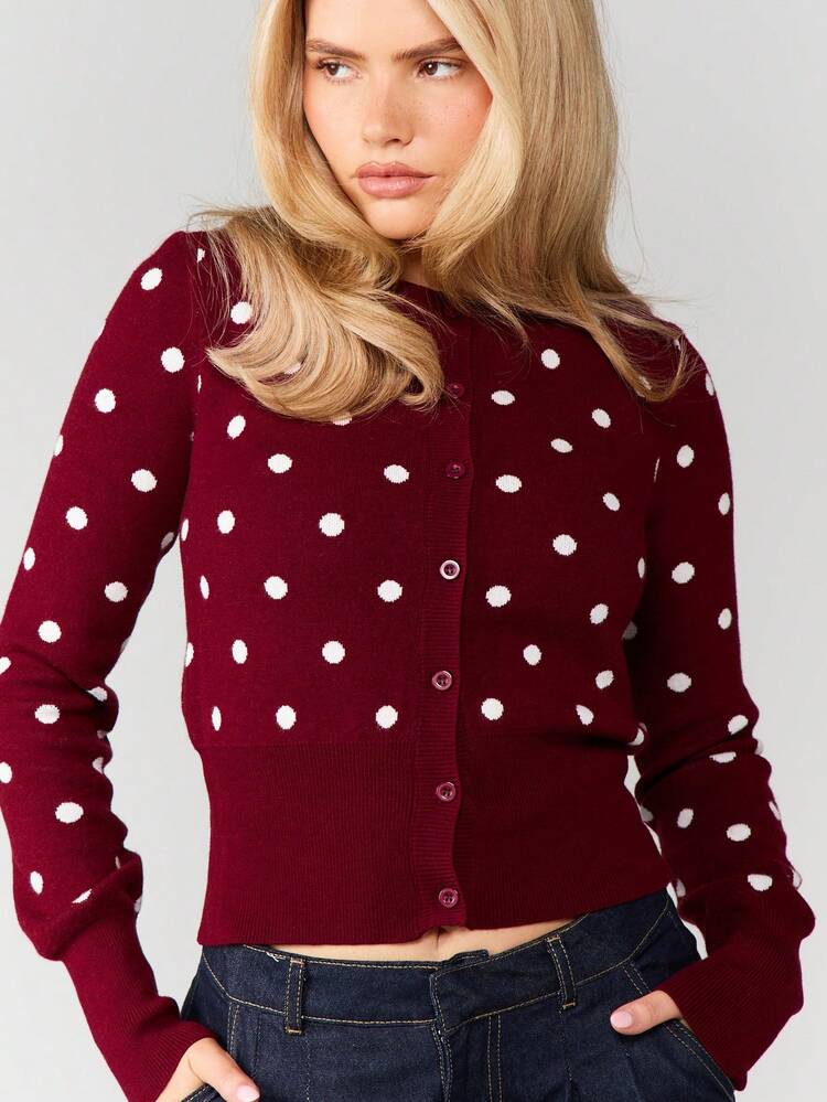 MISSGUIDED Fitted Cropped Cardigan With White Polka Dot Pattern Long Sleeve Button Up Sweater Christmas