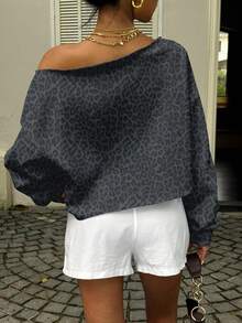 SHEIN EZwear Áo nỉ lửng trễ vai cho nữ, họa tiết da báo cổ điển, áo nỉ dày tay dài cổ tròn dáng rộng dùng để tập thể dục, khiêu vũ, sang trọng khi mặc ở sân bay và đường phố, mùa thu/đông - Màu xám đen - Xem 2