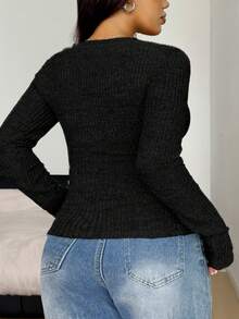 Vibekara Áo len cổ chữ V, tay dài, thêu ren, trang trí nút, size lớn, thường ngày dành cho nữ, thời trang thu đông - màu đen - Xem 2