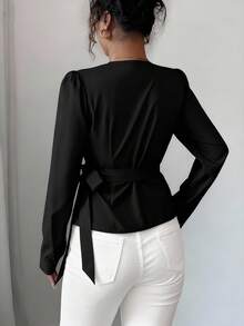 Elenzga Elegant V-Neck Digital Printed Geometric Line Pattern Long Sleeve Asymmetrical Hem Tie Bow Blouse - Black - View 2