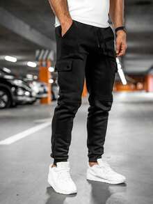 Manfinity Homme Pantalones de chándal casuales lisos de color negro con bolsillo con solapa, cordón en la cintura para hombre, regalo para esposo o novio