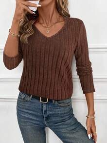 SHEIN Frenchy Casual Commuter Solid Color Lace Patchwork Long Sleeve T-Shirt, Autumn Winter Brown Spring - Brown - View 4