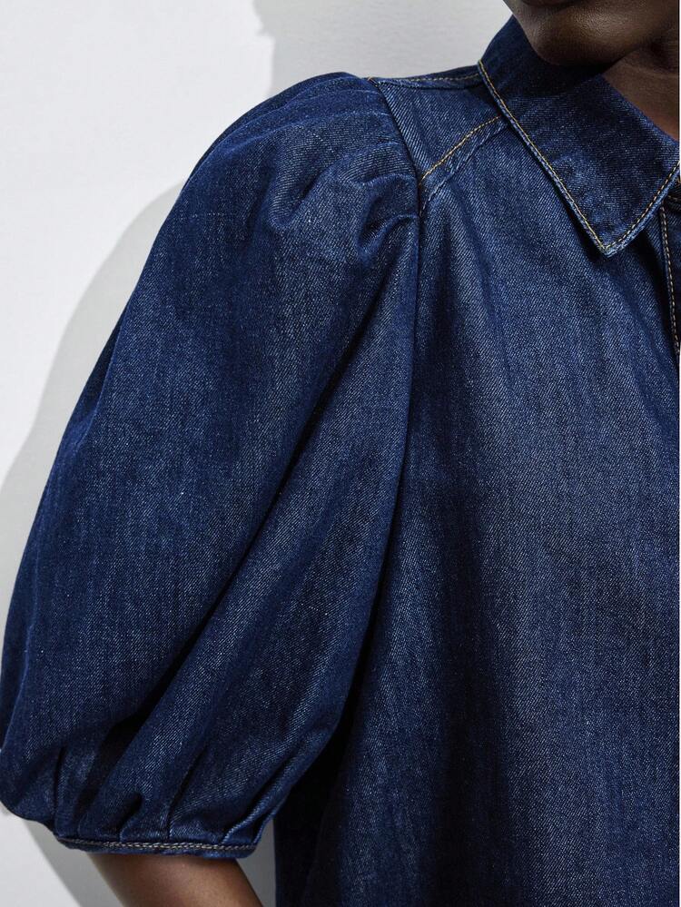 SHEIN Maija Women's Fashion Puff Sleeve Denim Blouse, Versatile For Commuting, Business Casual, Basic Top