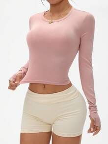Gameset SHEIN Sport 女式纯色露背镂空瑜伽长袖芭蕾舞T恤 - 粉色 - 查看 5