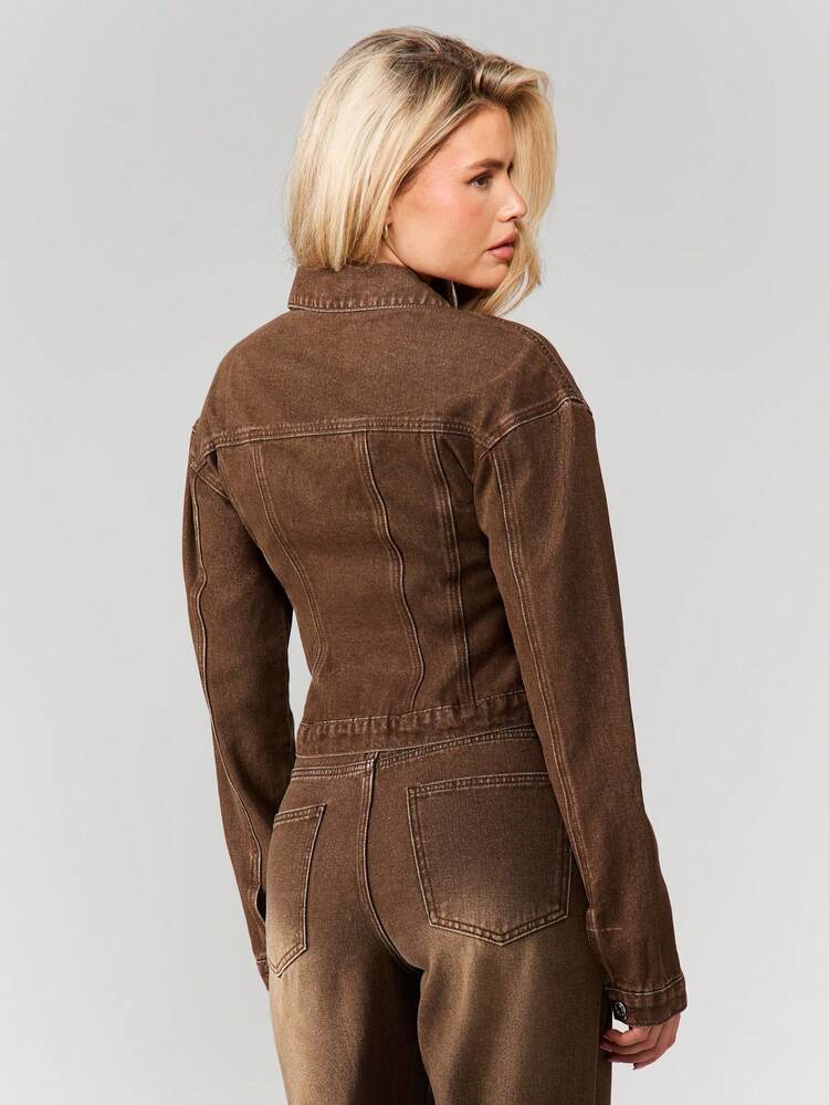 MISSGUIDED Women Long Sleeve Denim Jacket With Cinched Waist Button Front Brown Wash Fall Winter Outerwear