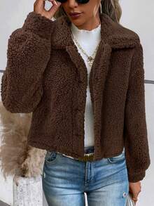 SHEIN LUNE Women's Thickened Short Brown Casual Jacket With Thermal Lining, Autumn/Winter Teddy Jacket Brown Jacket - Brown - View 4