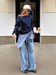 SHEIN Unity 海军蓝超大斜肩保暖内衬女卫衣，秋冬复古学院风，老钱风，谷仓风，秋季必备卫衣，日常出游，休闲居家，舒适简约，机场穿搭，日常慵懒风 - 藏蓝色 - 查看 3