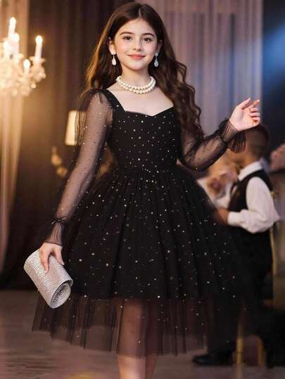 Sparklyn 青少年黑色网眼裙和金色星星和月亮装饰长袖连衣裙，时尚礼服，秋冬