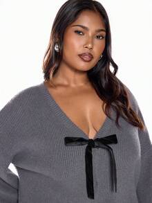 Solavibe Cárdigan informal de talla grande para otoño/invierno, Año Nuevo, Acción de Gracias y Navidad, cárdigan de punto con nudo delantero, otoño/invierno - Gris - Ver 3