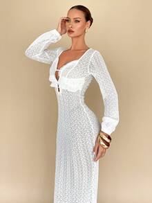Chiquease Sexy Ruffled Hem Sheer Patchwork Long Sleeve Dress - White - View 6