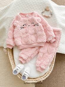 Cozy Pixies 2件套女婴卡通动物印花保暖内衬圆领长袖卫衣和松紧腰裤套装 - 粉色 - 查看 10