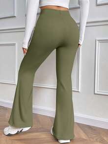 Almamuse 女式休闲日常百搭紧身保暖高腰喇叭裤，松紧腰，黑色，冬季 - 綠色 - 查看 2