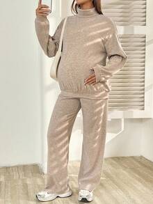 2pcs Nursing Casual High Neck Sweatshirt & Adjustable Waist Long Pants Set 2 Piece Maternity Set Two Piece Set Women Comfy Pregnancy Maternity Clothes Two Piece Suits - Apricot - View 9