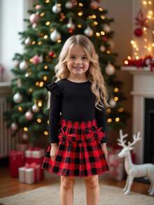 Girls' Christmas Plaid Cap Sleeve Ribbed Top & Pleated Bowknot Plaid Skirt 2-Piece Set, Comfortable Design, Spring/Autumn Fall Winter - Black - View 4
