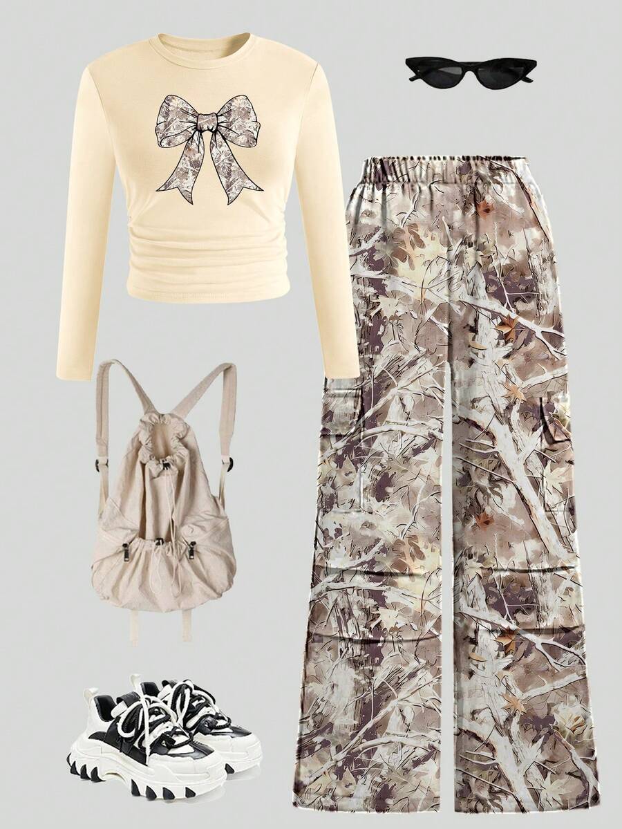 2 pièces Set: Pantalon camouflage et Top à manches longues imprimé nœud, tenue streetwear pour filles, convient pour l'automne/l'hiver - Multicolore - Voir 1