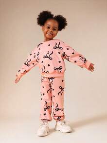 SUMWON Girls Pink Bow Print Sweatshirt And Joggers Coordinated Set Long Sleeve Crew Neck Casual Lounge Outfit - Pink - View 1