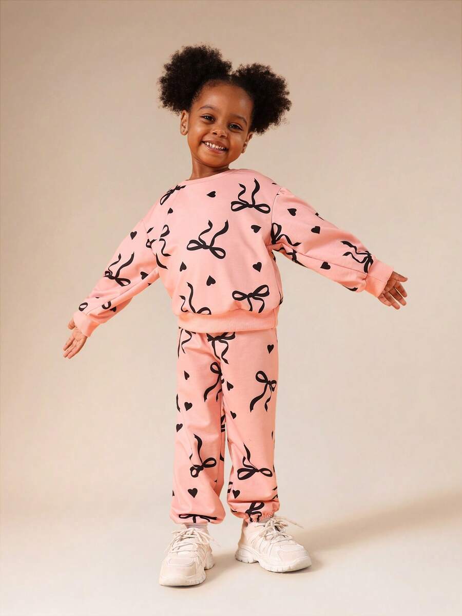 SUMWON Girls Pink Bow Print Sweatshirt And Joggers Coordinated Set Long Sleeve Crew Neck Casual Lounge Outfit - Pink - View 1