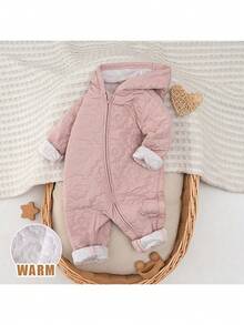 Loomiva Combinaison à capuche à manches longues en couleur unie confortable pour bébé fille - Rose bonbon - Voir 3