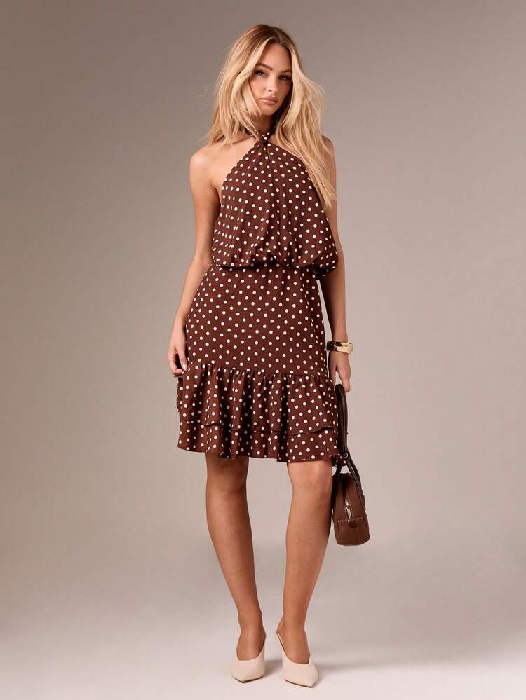 AiiRZ Polka Dot Halter Ruffle Mini Dress