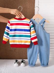 2pcs Baby Boys Cute Striped Contrast Color Drop Shoulder Autumn Hoodie & Embroidered Length Thermal Lined Overalls Set, Thick Warm For Winter - Multicolor - View 3
