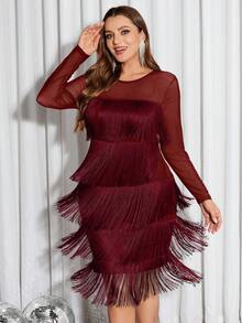 SHEIN Clasi Vestido de malla con volantes y parches, talla grande, para otoño/invierno - Burdeos - Ver 6