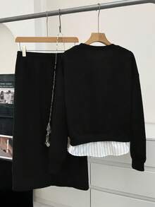 SHEIN LUNE 女士休闲卫衣开衩半身裙套装（黑色） 女士两件套 黑色半身裙套装 女士两件套半身裙套装 女士两件套休闲装 女士两件套休闲装 女士秋季服装 女士秋季服装 休闲装 - 黑色 - 查看 2