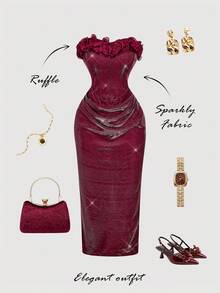 SHEIN MOD Women's Burgundy Glitter Ruffle Collar Midi Dress,Elegant Summer Dining Outfit,Luxury Sparkly Evening Wedding Guest Dress,Glamorous Party Clothing - Hot Pink - View 6