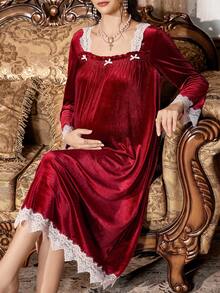PalaceNights Contrast Color Lace Patchwork Square Neck Bow Decor Velvet Maternity Nightgown, Autumn/Winter - Burgundy - View 3