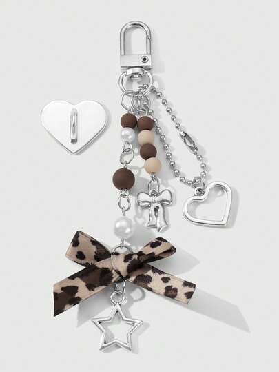 Kawaii 1pc Y2K Minimalist High-End Silver Butterfly Faux Pearl Hollow Heart Star Woven Bow DIY Keychain Bag Charm, Suitable For Women/Girls Daily Wear, Holiday Gift