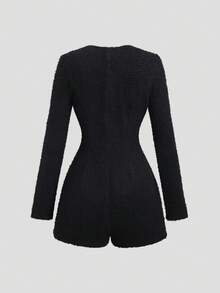 Sweetra Women's Elegant Office Black Autumn Jumpsuit,Solid Color Textured Round Neck Knitted Tie Decor Open Front Five-Metal Button Fitted Jumpsuit - Black - View 2