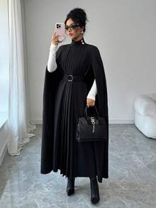 Elenzga Áo choàng cổ đứng, dài thướt tha, kiểu Pháp thanh lịch, viền xòe xếp ly tinh tế, áo khoác ngoài dáng rộng kiểu Anh, phù hợp cho những dịp trang trọng - màu đen - Xem 4