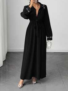 SHEIN Tall Elenzga Women's Elegant Commuter, Faux Pearl Decor, Autumn Dress, Tall Women - Black - View 4