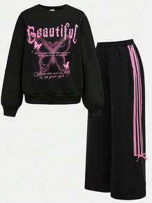 SHEIN Girlism 少女蝴蝶印花连帽衫和运动裤两件套，休闲、街头服饰，返校季 - 黑色 - 查看 14