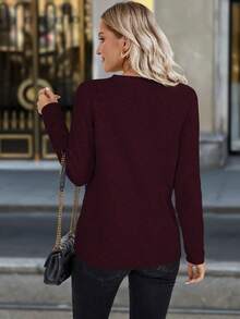 EMERY ROSE Double-Breasted Decor Round Neck Casual Versatile Long Sleeve Sweater - Redwood - View 2