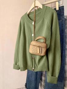 EMERY ROSE Plus Size Women Casual Everyday Commute Simple Solid Color Raglan Sleeve Button Front Cardigan, Autumn - Green - View 2