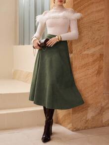 Modelyn Váy dài xòe thanh lịch bằng da lộn giả màu trơn dành cho nữ - xanh quân đội - Xem 8