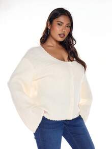 Solavibe Plus Size Casual Autumn White Knitted Cardigan,Solid Color Button Up Long Sleeve Smart Casual Everyday Versatile Top For Commuting,New Year,Christmas - Beige - View 1