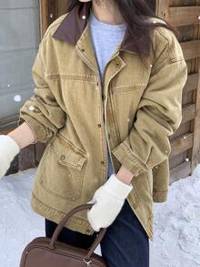 DAZY Women's Loose Casual Street Style Patchwork Contrast Color Retro Denim Jacket, Autumn/Winter - Khaki - View 3